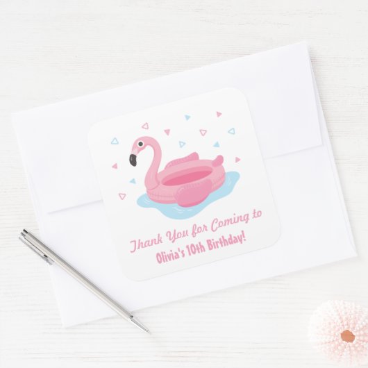 かわいいピンクのフラミンゴプール浮きありがとうステッカー スクエアシール (封筒)