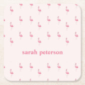 かわいいピンクのフラミンゴ名前をカスタムするピンク スクエアペーパーコースター (正面)