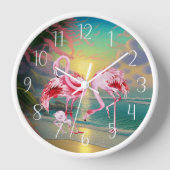 かわいいピンクのフラミンゴ愛好家ビーチハウス 壁時計 (正面)