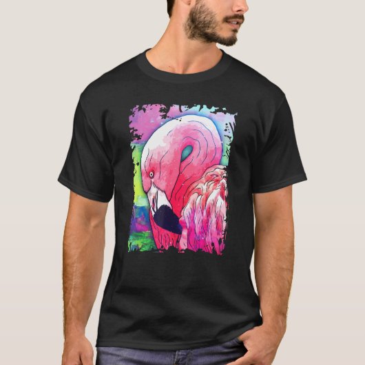 かわいいピンクのフラミンゴ水彩画の鳥画 Tシャツ (正面)