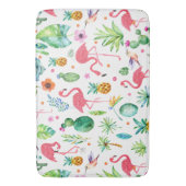 かわいいピンクのフラミンゴ&トロピカルフラワーパターン バスマット (正面縦)