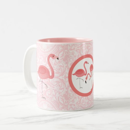 かわいいピンクのフラミンゴ&フローラスワーズ ツートーンマグカップ (正面左)