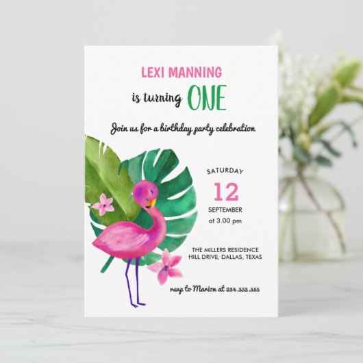 かわいいピンクのフラミンゴ | 女の子の誕生日パーティー 招待状 (スタンド正面)