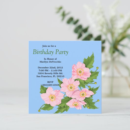 かわいいピンクのフラワーフローラバラバラBithday P 招待状 (スタンド正面)