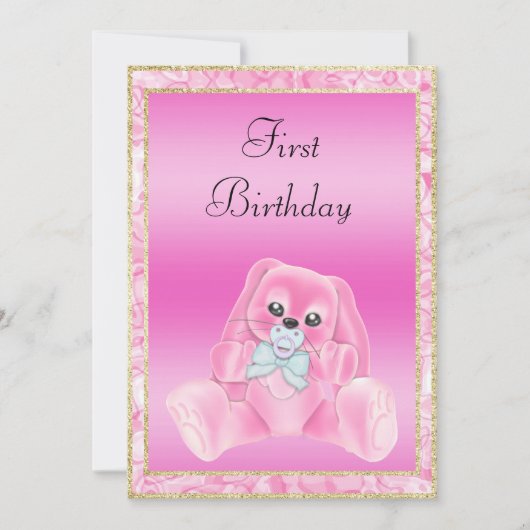 かわいいピンクのフロッピーイヤーバニーファースト誕生日 招待状 (正面)
