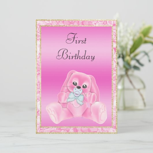 かわいいピンクのフロッピーイヤーバニーファースト誕生日 招待状 (スタンド正面)