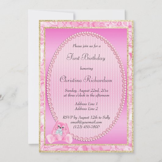 かわいいピンクのフロッピーイヤーバニーファースト誕生日 招待状 (裏面)
