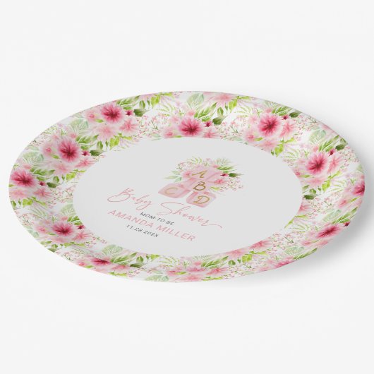 かわいいピンクのフローラアルファベットブロック ペーパープレート (アングル)