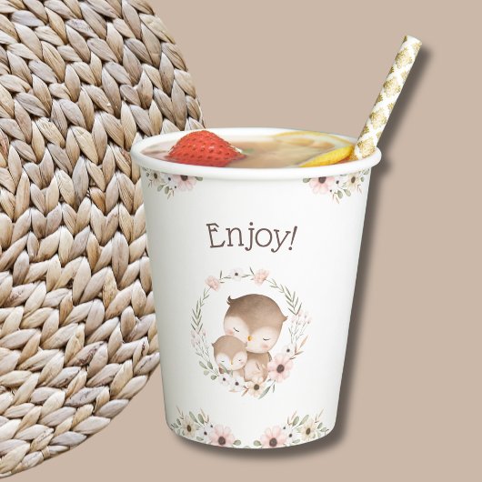 かわいいピンクのフローラウッドランドフクロウ赤ちゃんシャワー 紙コップ