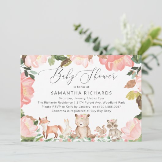 かわいいピンクのフローラウッドランド動物ガールベビーシャワー 招待状 (スタンド正面)