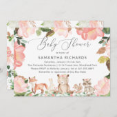 かわいいピンクのフローラウッドランド動物ガールベビーシャワー 招待状 (正面/裏面)
