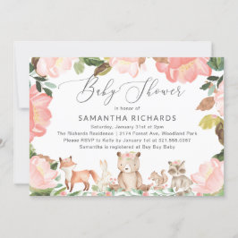 かわいいピンクのフローラウッドランド動物ガールベビーシャワー 招待状