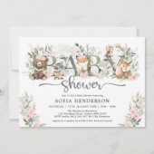 かわいいピンクのフローラウッドランド動物ガールベビーシャワー 招待状 (正面)
