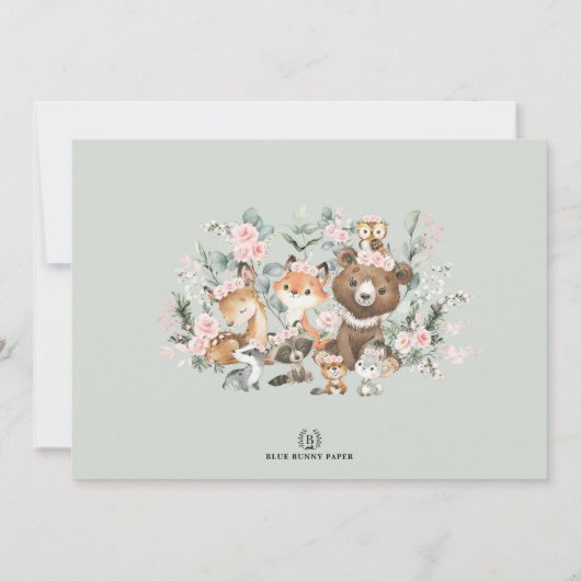 かわいいピンクのフローラウッドランド動物ガールベビーシャワー 招待状 (裏面)