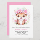 かわいいピンクのフローラオッターガール赤ちゃんシャワー 招待状 (正面/裏面)