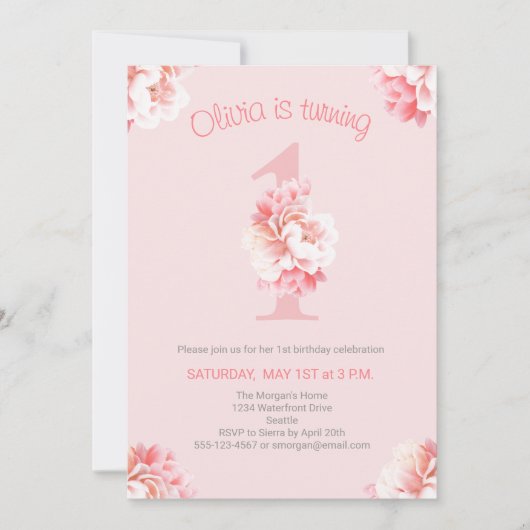 かわいいピンクのフローラガールの最初の誕生日パーティー 招待状 (正面)
