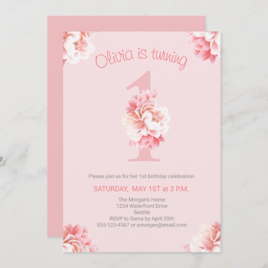 かわいいピンクのフローラガールの最初の誕生日パーティー 招待状 (正面/裏面)
