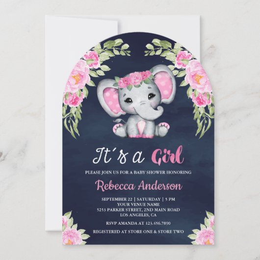 かわいいピンクのフローラゾウのアーチ海軍の赤ちゃんシャワー 招待状 (正面)