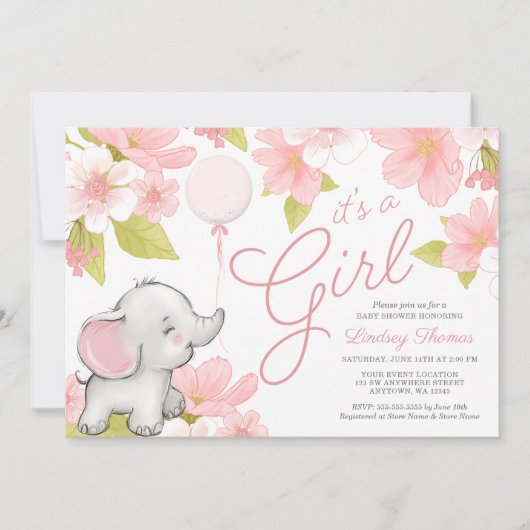 かわいいピンクのフローラゾウの女の子の赤ちゃんシャワー 招待状 (正面)