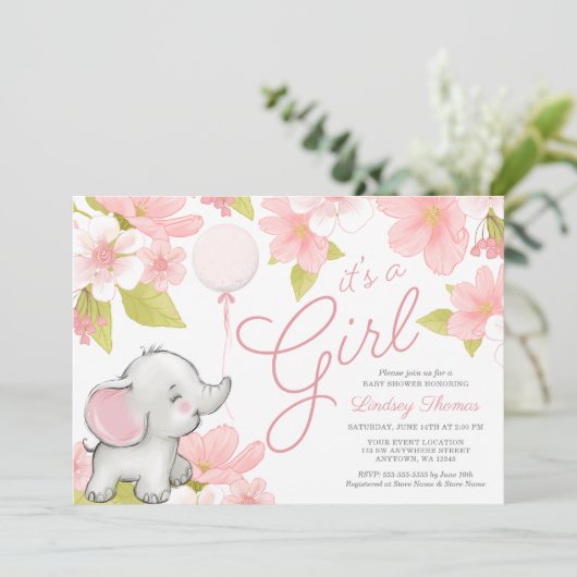 かわいいピンクのフローラゾウの女の子の赤ちゃんシャワー 招待状 (スタンド正面)
