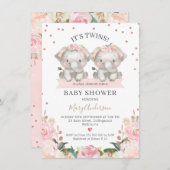 かわいいピンクのフローラツインガールズゾウ赤ちゃんシャワー 招待状 (正面/裏面)