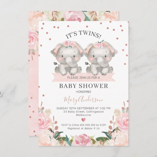 かわいいピンクのフローラツインガールズゾウ赤ちゃんシャワー 招待状 (正面/裏面)