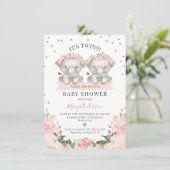 かわいいピンクのフローラツインガールズゾウ赤ちゃんシャワー 招待状 (スタンド正面)