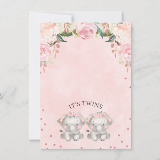 かわいいピンクのフローラツインガールズゾウ赤ちゃんシャワー 招待状 (裏面)