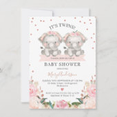 かわいいピンクのフローラツインガールズゾウ赤ちゃんシャワー 招待状 (正面)