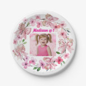 かわいいピンクのフローラバウ写真1st誕生日パーティー ペーパープレート (正面)