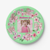 かわいいピンクのフローラバウ写真1st誕生日パーティー ペーパープレート (正面)