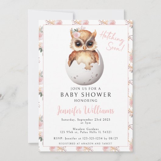 かわいいピンクのフローラフクロウ赤ちゃん女の子シャワー招待状 招待状 (正面)