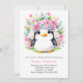 かわいいピンクのフローラペンギンワンダーランドベイビーシャワー 招待状 (正面)