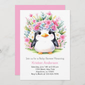 かわいいピンクのフローラペンギンワンダーランドベイビーシャワー 招待状 (正面/裏面)