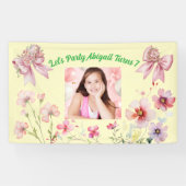 かわいいピンクのフローラボウガーリーフォト誕生日バナー 横断幕 (横)