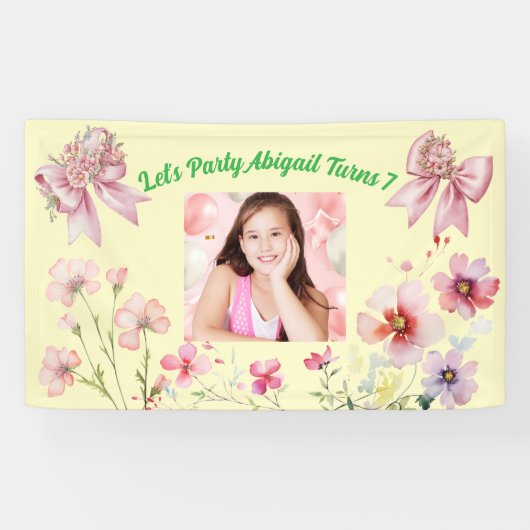 かわいいピンクのフローラボウガーリーフォト誕生日バナー 横断幕 (横)