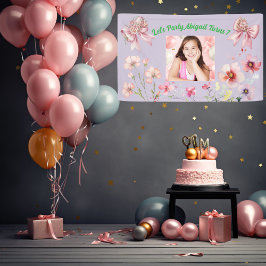 かわいいピンクのフローラボウガーリーフォト誕生日バナー 横断幕
