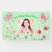 かわいいピンクのフローラボウガーリーフォト誕生日バナー 横断幕 (横)