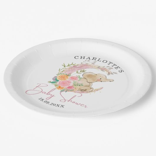 かわいいピンクのフローラムーンガール象赤ちゃんシャワー ペーパープレート (アングル)