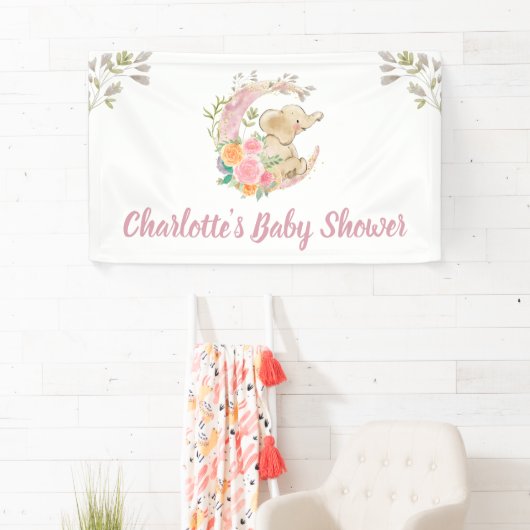 かわいいピンクのフローラムーンガール象赤ちゃんシャワー 横断幕 (インサイチュ)