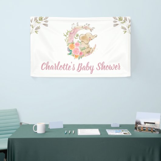 かわいいピンクのフローラムーンガール象赤ちゃんシャワー 横断幕 (トレードショー)