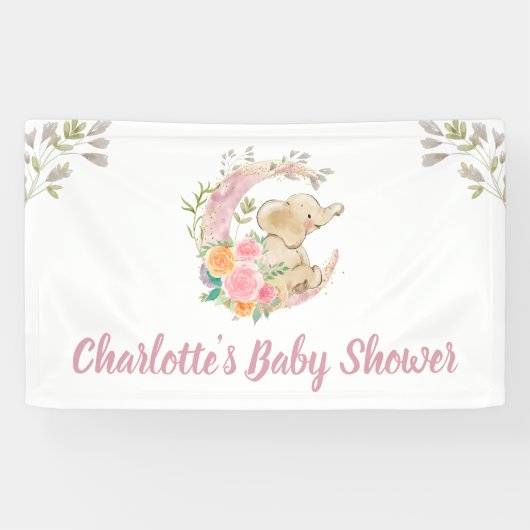 かわいいピンクのフローラムーンガール象赤ちゃんシャワー 横断幕 (横)
