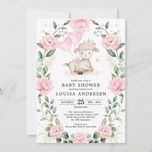 かわいいピンクのフローララムバルーン女の子ベビーシャワー 招待状 (正面)