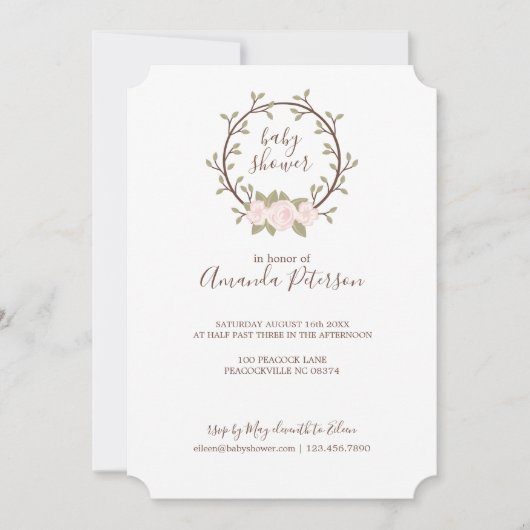 かわいいピンクのフローラリースベビーシャワー 招待状 (正面)