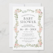 かわいいピンクのフローラリースボヘミアンベビーガールシャワー 招待状 (正面)