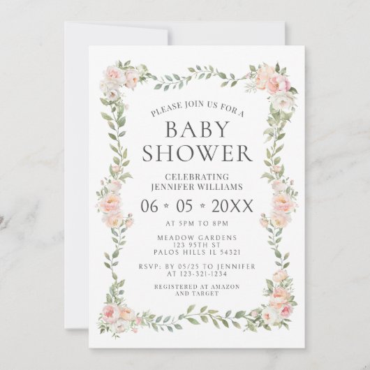 かわいいピンクのフローラリースボヘミアンベビーガールシャワー 招待状 (正面)