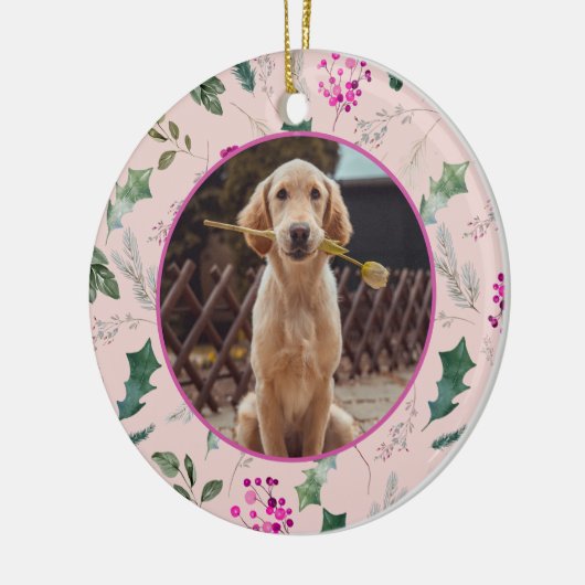 かわいいピンクのフローラ初めてのクリスマス セラミックオーナメント (左)