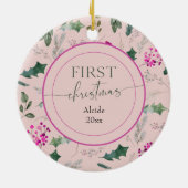かわいいピンクのフローラ初めてのクリスマス セラミックオーナメント (裏面)
