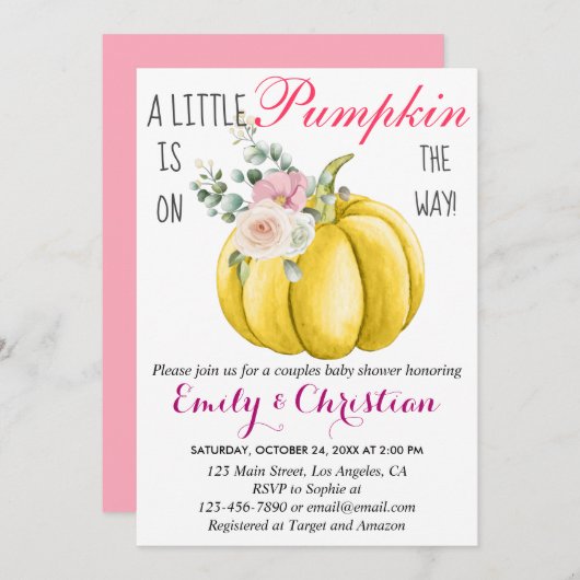かわいいピンクのフローラ小さなかぼちゃカップル赤ちゃんシャワー 招待状 (正面/裏面)