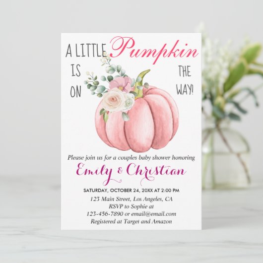 かわいいピンクのフローラ小さなかぼちゃカップル赤ちゃんシャワー 招待状 (スタンド正面)
